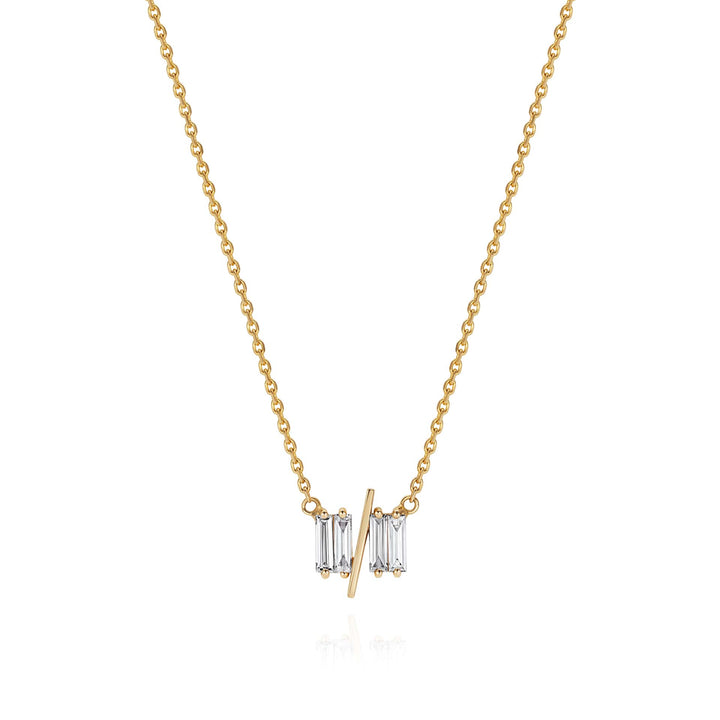 Sarah May Jewellery 11/11 necklace in yellow gold – featuring a thin yellow gold chain, 4 long thin diamonds, with a thin diagonal gold bar, to look like the ‘11/11’ symbol.