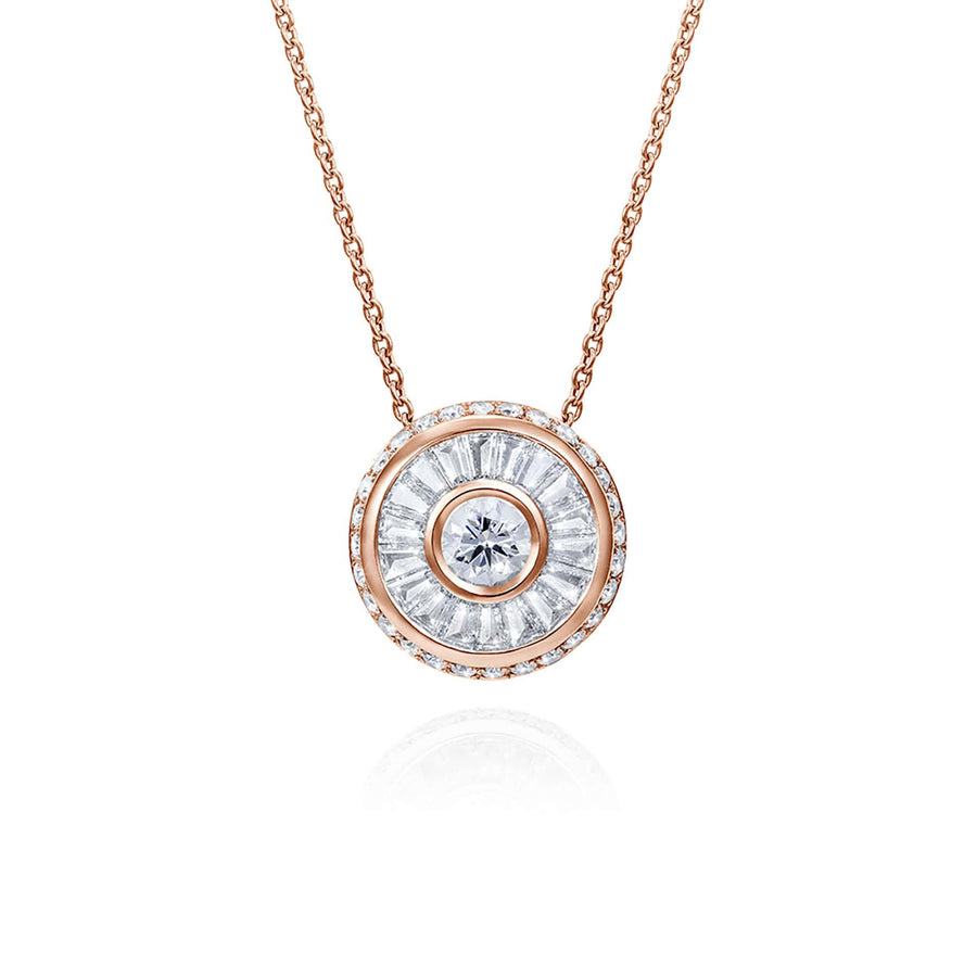 Close up of Sarah May Jewellery Happy Pod necklace in rose gold. Pendant features a large centre diamond surrounded by a thin rose gold circle, then a circular row of bagguet diamonds, another thin row of rose gold and then a final circular band of smaller diamonds.
