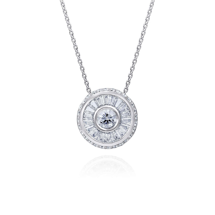 Close up of Sarah May Jewellery Happy Pod necklace in white gold. Pendant features a large centre diamond surrounded by a thin white gold circle, then a circular row of bagguet diamonds, another thin row of white gold and then a final circular band of smaller diamonds.