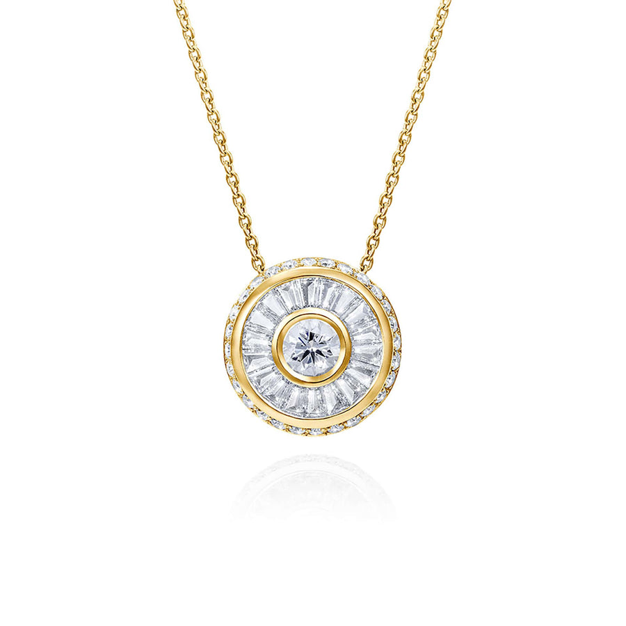 Close up of Sarah May Jewellery Happy Pod necklace in yellow gold. Pendant features a large centre diamond surrounded by a thin yellow gold circle, then a circular row of bagguet diamonds, another thin row of yellow gold and then a final circular band of smaller diamonds.