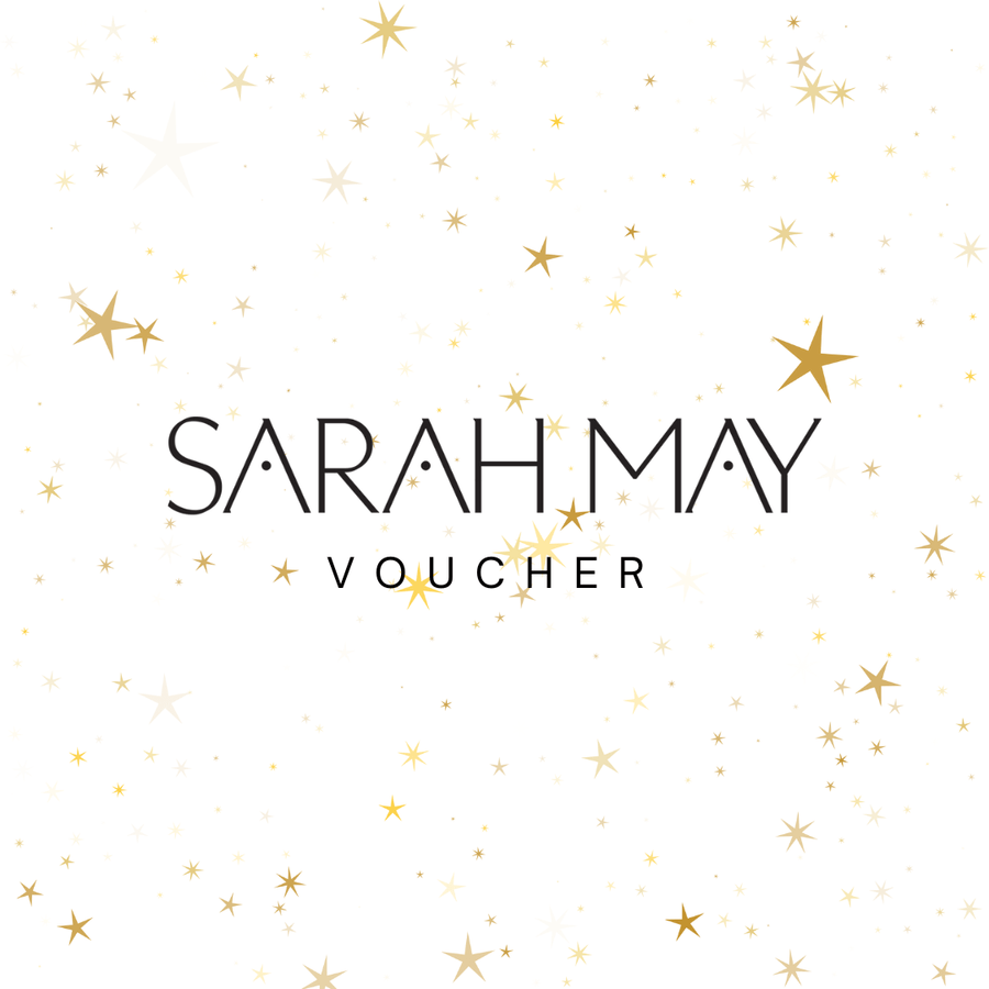 Text saying Sarah May Voucher on a white background with gold stars. 