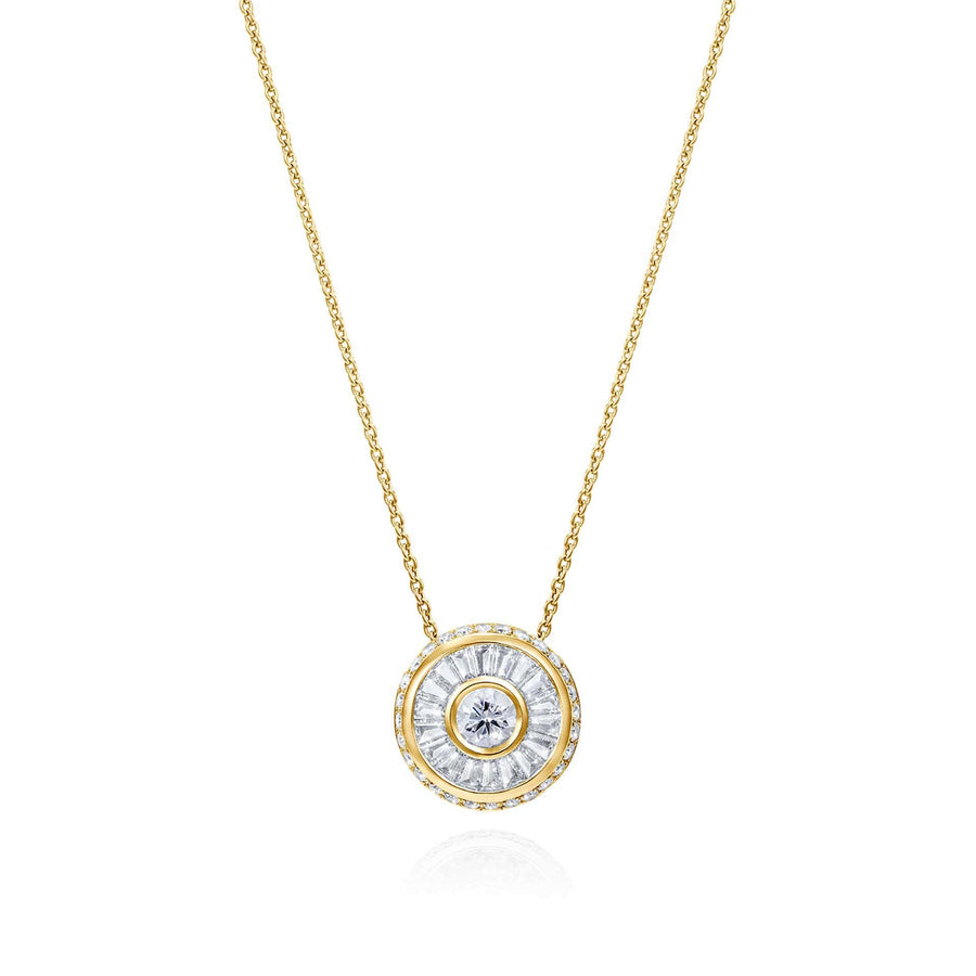 Sarah May Jewellery Happy Pod necklace in yellow gold, shown from face on. Pendant features a large centre diamond surrounded by a thin yellow gold circle, then a circular row of bagguet diamonds, another thin row of yellow gold and then a final circular band of smaller diamonds.
