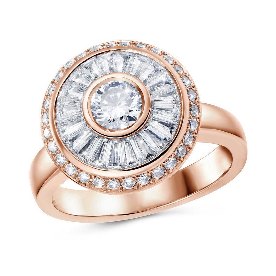 Sarah May Jewellery Happy Pod ring in rose gold, shown at an angle so you can see all the detail in the design of the ring and see the band of the ring at the back.