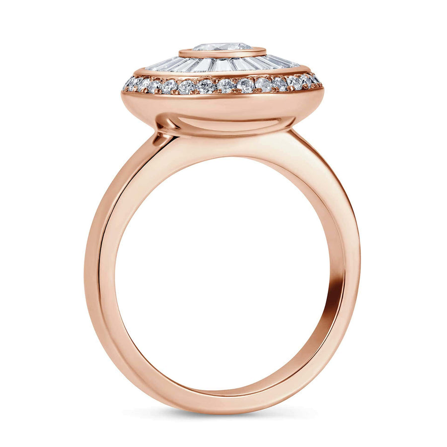 Sarah May Jewellery Happy Pod ring in rose gold, shown from the side. Here you can see the full circle of the ring band and see the profile of the ring design, which has a slight dome shape to it.