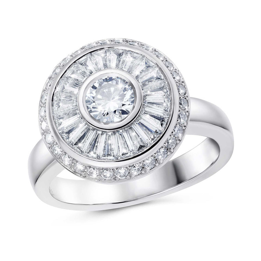 Sarah May Jewellery Happy Pod ring in white gold, shown at an angle so you can see all the detail in the design of the ring and see the band of the ring at the back.