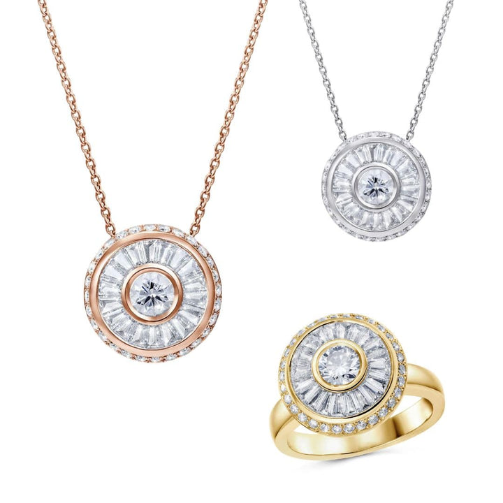 The happy pod collection - A brilliant round centre and specially cut tapered baguettes surrounded by smaller round diamonds. Comes as a necklace, ring or earrings and available in white, rose and yellow gold.