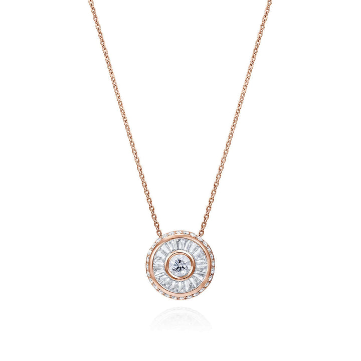 Sarah May Jewellery Happy Pod necklace in rose gold, shown from face on. Pendant features a large centre diamond surrounded by a thin rose gold circle, then a circular row of bagguet diamonds, another thin row of rose gold and then a final circular band of smaller diamonds.