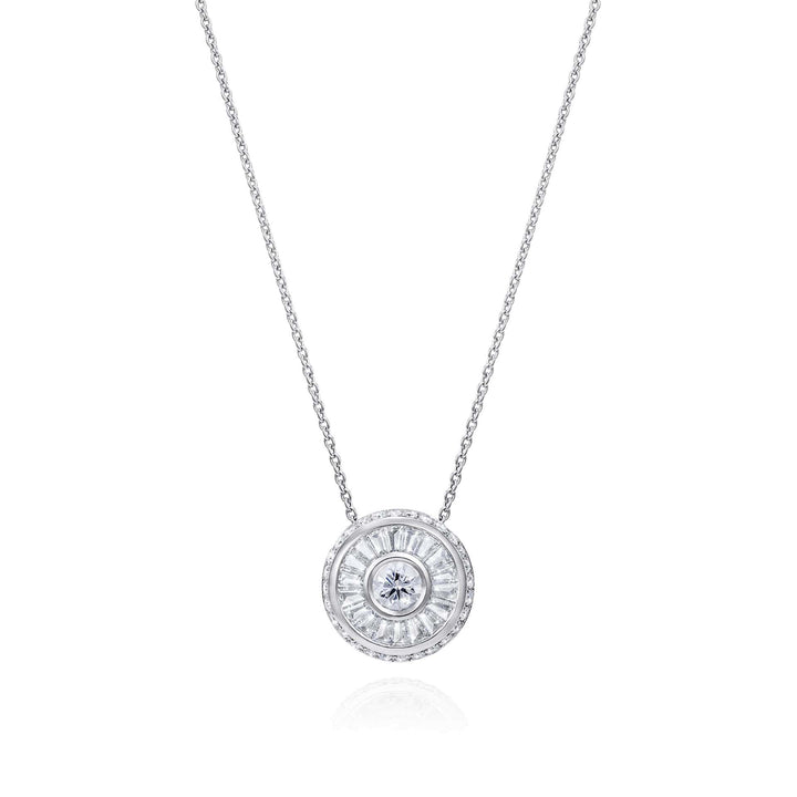 Sarah May Jewellery Happy Pod necklace in white gold, shown from face on. Pendant features a large centre diamond surrounded by a thin white gold circle, then a circular row of bagguet diamonds, another thin row of white gold and then a final circular band of smaller diamonds.
