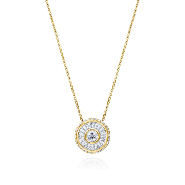 Sarah May Jewellery Happy Pod necklace in yellow gold, shown from face on. Pendant features a large centre diamond surrounded by a thin yellow gold circle, then a circular row of bagguet diamonds, another thin row of yellow gold and then a final circular band of smaller diamonds.